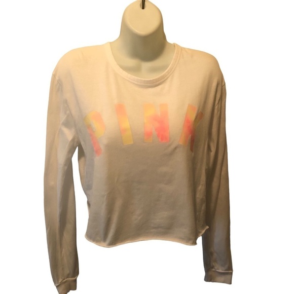PINK VS Y2K Cropped LS Spell~Out Tee Sz. S White Lace Up Back Beachy Summer Vibe - Picture 3 of 6